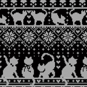 Small scale // Fair Isle Knitting Cats Love // black background white kitties and details