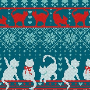 Small scale // Festive Fair Isle Knitting Cats Love // dark teal background teal white and red kitties and details