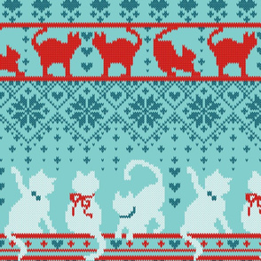 Normal scale // Festive Fair Isle Knitting Cats Love // teal background dark teal white and red kitties and details