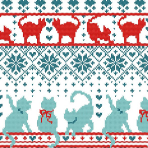 Normal scale // Festive fair Isle Knitting Cats Love // white background teal and red kitties and details