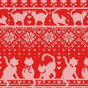 Small scale // Festive Fair Isle Knitting Cats Love // red background white kitties and details