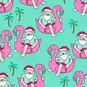 christmas in florida - santa flamingo, cute christmas, florida christmas, santa claus tropical fabric, flamingo float fabric, christmas -  bright green