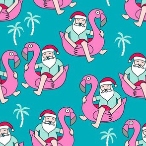 christmas in florida - santa flamingo, cute christmas, florida christmas, santa claus tropical fabric, flamingo float fabric, christmas -  turquoise