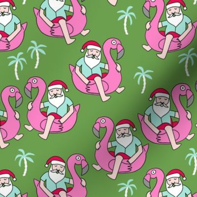 christmas in florida - santa flamingo, cute christmas, florida christmas, santa claus tropical fabric, flamingo float fabric, christmas -  lime green