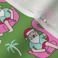 christmas in florida - santa flamingo, cute christmas, florida christmas, santa claus tropical fabric, flamingo float fabric, christmas -  lime green