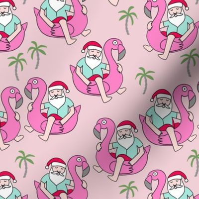 christmas in florida - santa flamingo, cute christmas, florida christmas, santa claus tropical fabric, flamingo float fabric, christmas -  light pink