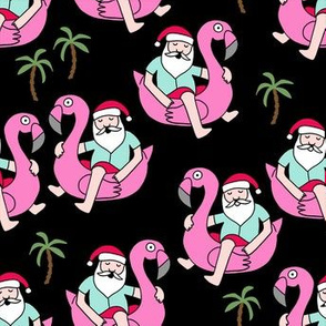 christmas in florida - santa flamingo, cute christmas, florida christmas, santa claus tropical fabric, flamingo float fabric, christmas -  black