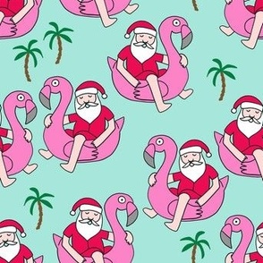 christmas in florida - santa flamingo, cute christmas, florida christmas, santa claus tropical fabric, flamingo float fabric, christmas -  mint