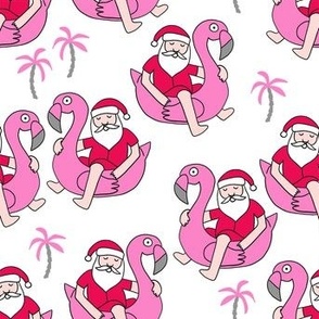 christmas in florida - santa flamingo, cute christmas, florida christmas, santa claus tropical fabric, flamingo float fabric, christmas -  white and pink