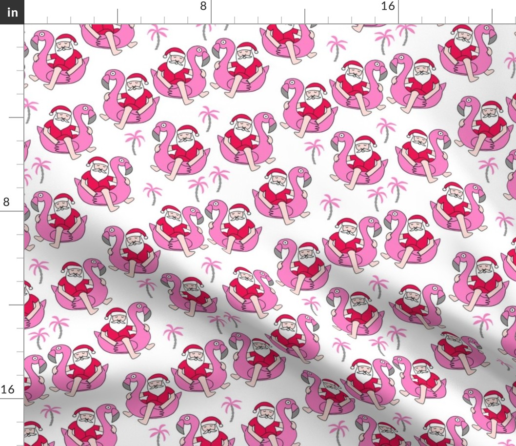 christmas in florida - santa flamingo, cute christmas, florida christmas, santa claus tropical fabric, flamingo float fabric, christmas -  white and pink