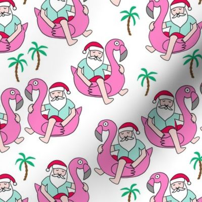 christmas in florida - santa flamingo, cute christmas, florida christmas, santa claus tropical fabric, flamingo float fabric, christmas - white