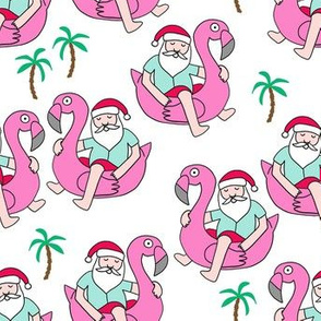 christmas in florida - santa flamingo, cute christmas, florida christmas, santa claus tropical fabric, flamingo float fabric, christmas - white