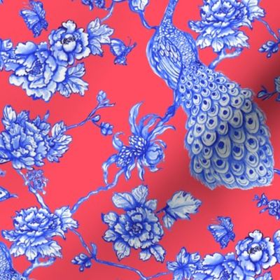 chinoiserie peacock floral coral