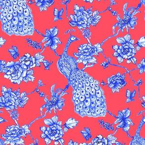 chinoiserie peacock floral coral