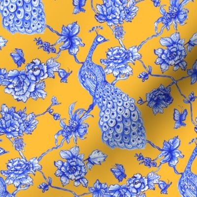 chinoiserie peacock floral golden yellow small scale