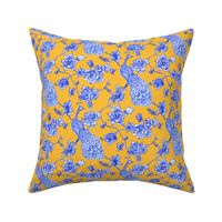 chinoiserie peacock floral golden yellow small scale