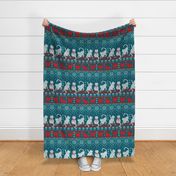 Normal scale // Festive Fair Isle Knitting Cats Love // dark teal background teal white and red kitties and details