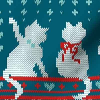 Normal scale // Festive Fair Isle Knitting Cats Love // dark teal background teal white and red kitties and details