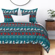 Normal scale // Festive Fair Isle Knitting Cats Love // dark teal background teal white and red kitties and details