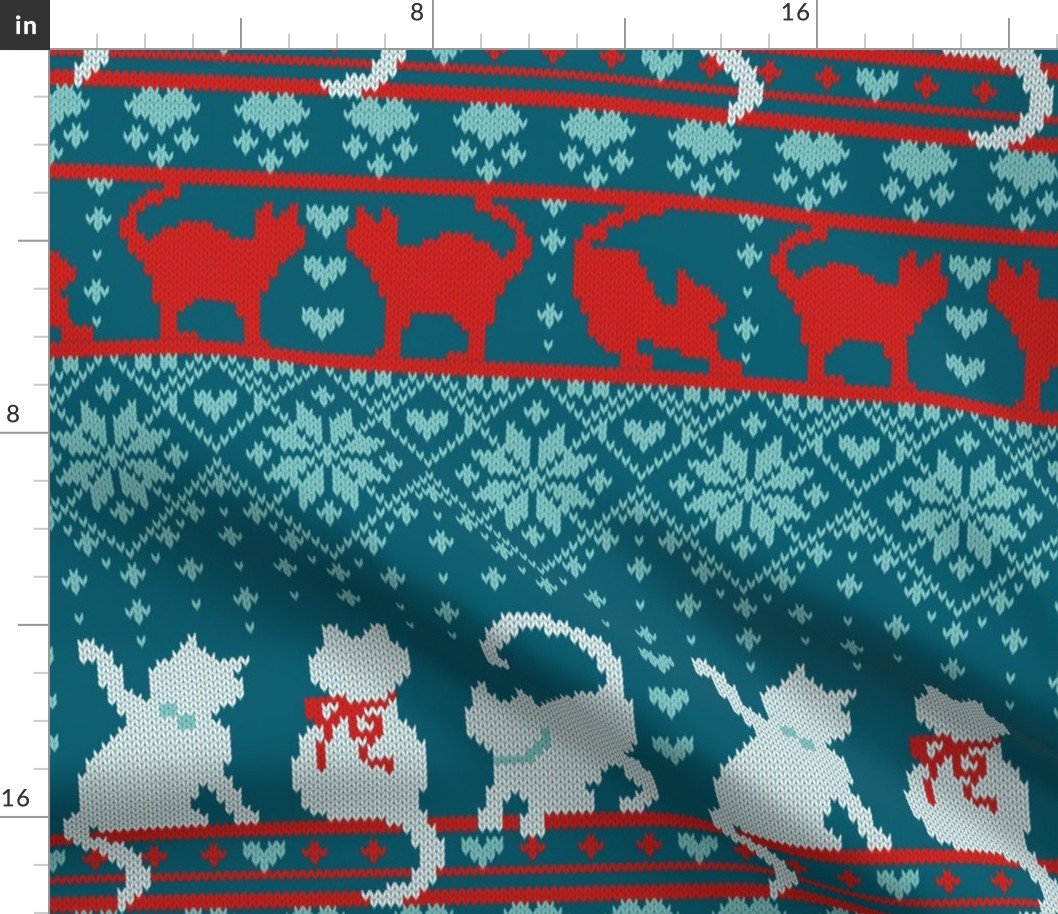 Normal scale // Festive Fair Isle Knitting Cats Love // dark teal background teal white and red kitties and details