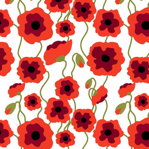 Red poppy flowers on white seamless pattern