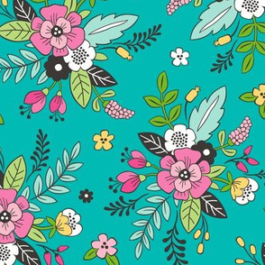 Spring Flowers Pink on Teal Green