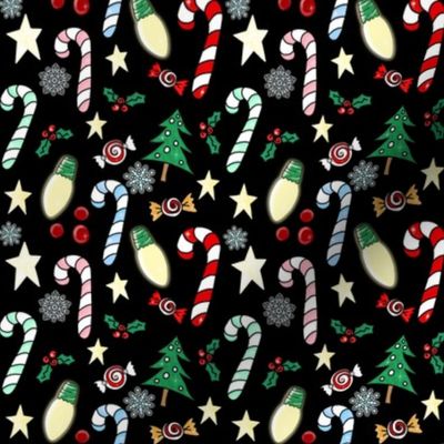 Christmas Lights Candy Canes Snowflakes Stars Trees on Black