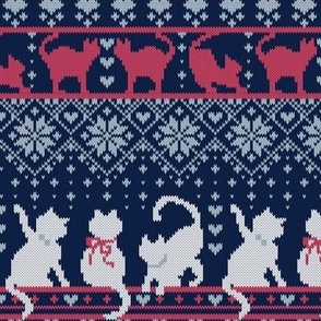 Small scale // Fair Isle Knitting Cats Love // navy blue background grey white and dark pink kitties and details