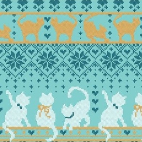 Small scale // Fair Isle Knitting Cats Love // teal background dark teal white and yellow kitties and details