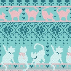 Small scale // Fair Isle Knitting Cats Love // teal background dark teal white and pink kitties and details