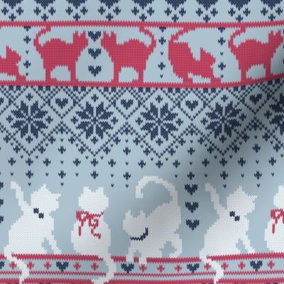 Small scale // Fair Isle Knitting Cats Love // violet background dark violet white and dark pink kitties and details