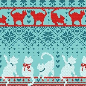 Small scale // Festive Fair Isle Knitting Cats Love // teal background dark teal white and red kitties and details