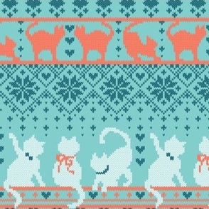 Small scale // Fair Isle Knitting Cats Love // teal background dark teal white and orange kitties and details