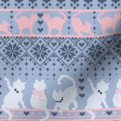 Small scale // Fair Isle Knitting Cats Love // violet background dark violet white and pink kitties and details