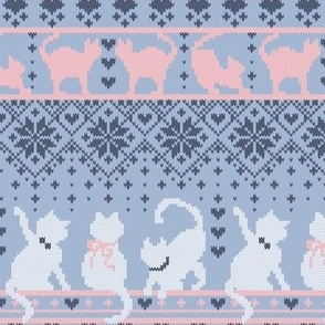 Small scale // Fair Isle Knitting Cats Love // violet background dark violet white and pink kitties and details