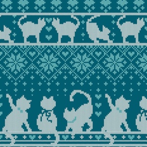 Normal scale // Fair Isle Knitting Cats Love // dark teal background white and teal kitties and details