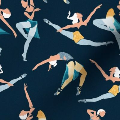 Small scale // Suspended Rhythm // navy blue background blue and yellow ballet dancers