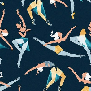 Small scale // Suspended Rhythm // navy blue background blue and yellow ballet dancers