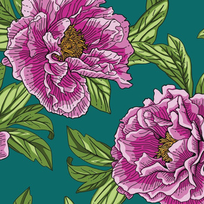 Pink Purple Peony Floral Seamless Pattern with Green Leaves on Dark Green Background