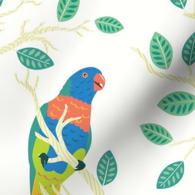 Parrot Birds in a Tree with leaves - Small birds Seamless Pattern