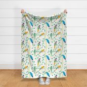 Parrot Birds in a Tree with leaves - Small birds Seamless Pattern