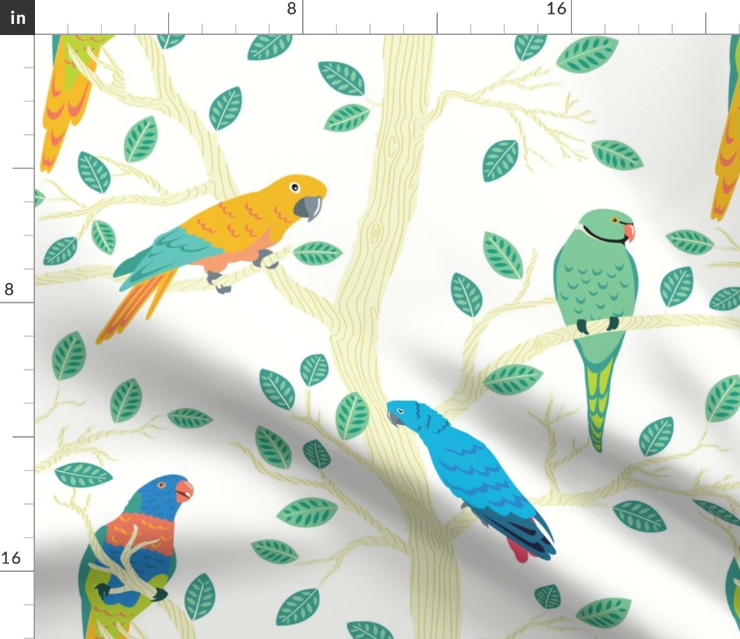 Parrot Birds in a Tree with leaves - Small birds Seamless Pattern