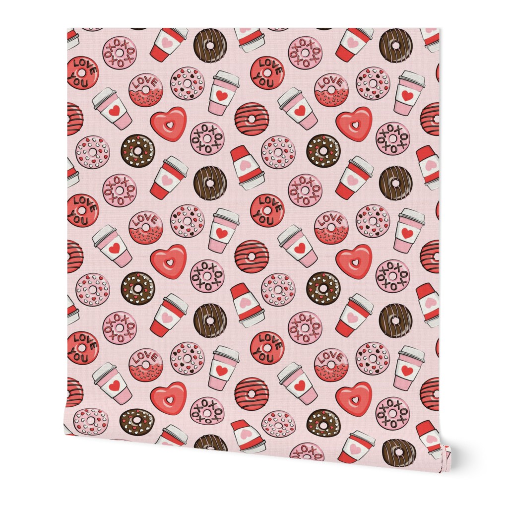 (small scale) donuts and coffee - valentines day - red, pink, & chocolate on pink