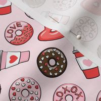 (small scale) donuts and coffee - valentines day - red, pink, & chocolate on pink