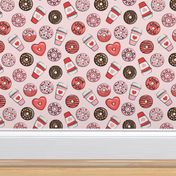 (small scale) donuts and coffee - valentines day - red, pink, & chocolate on pink