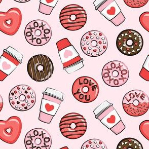 (small scale) donuts and coffee - valentines day - red, pink, & chocolate on pink