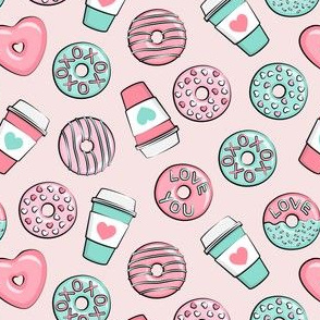 (small scale) donuts and coffee - valentines day - pink and teal on light pink