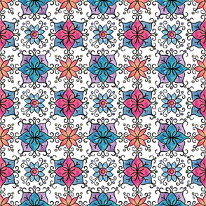 Folk art flowers in blue and pink on white.