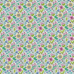 Garden Florals Blue Pink on White Tiny Small