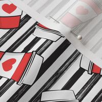 Coffee cups - red hearts - valentines day - on black stripes